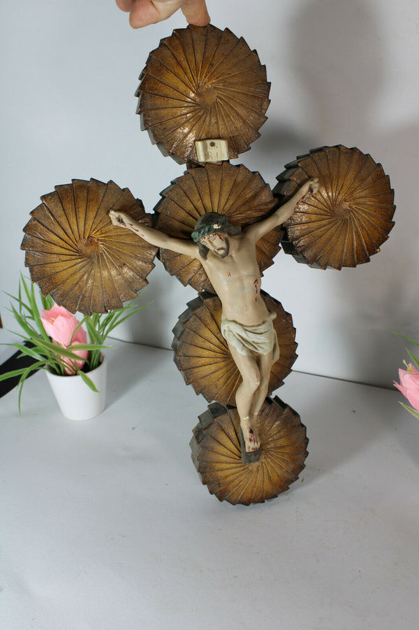 antique French wood cut cross crucifix chalkware christ corpus