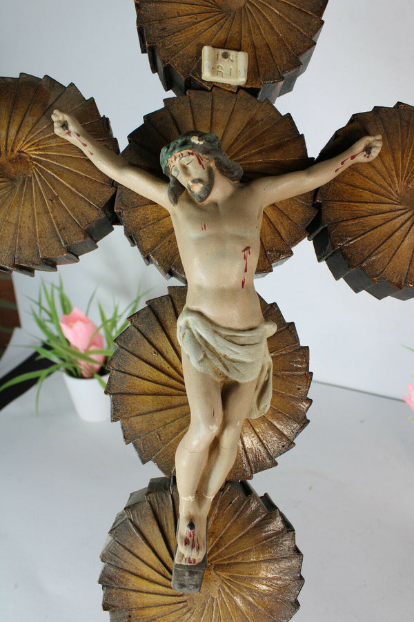 antique French wood cut cross crucifix chalkware christ corpus