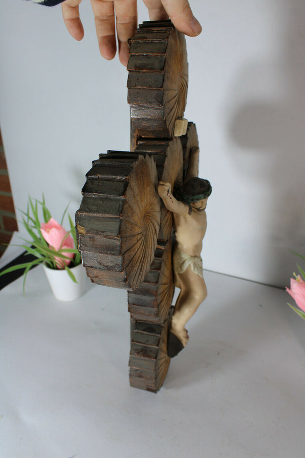antique French wood cut cross crucifix chalkware christ corpus