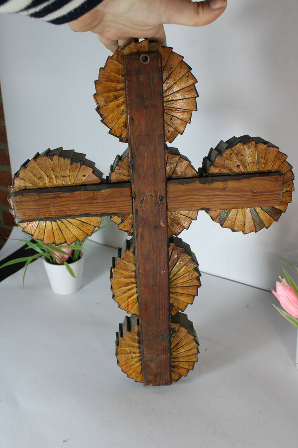 antique French wood cut cross crucifix chalkware christ corpus