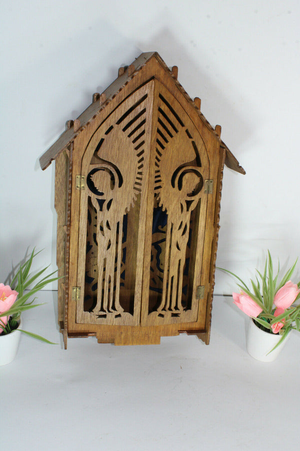 Rare french religious wood cut carved archangel wall chapel