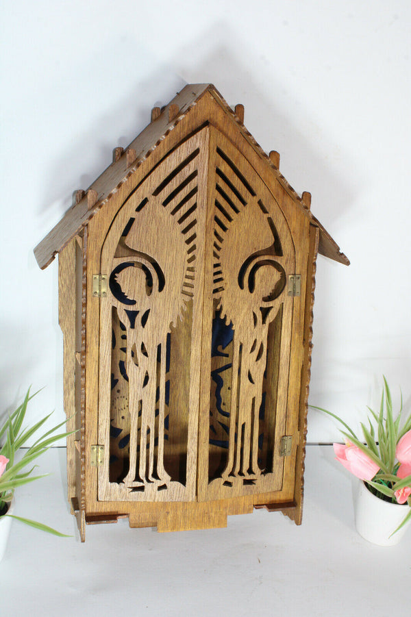 Rare french religious wood cut carved archangel wall chapel