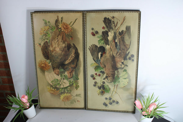 pair antique 19thc wall framed chromo hunting trophy pheasant bird panels
