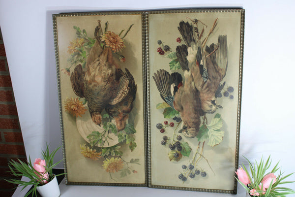 pair antique 19thc wall framed chromo hunting trophy pheasant bird panels