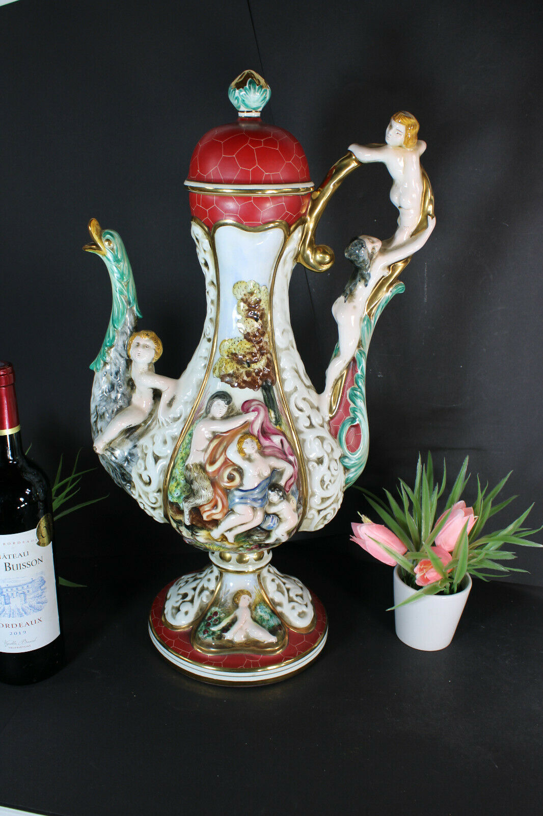 XL capodimonte porcelain marked pitcher vase swan putti cherub relief decor