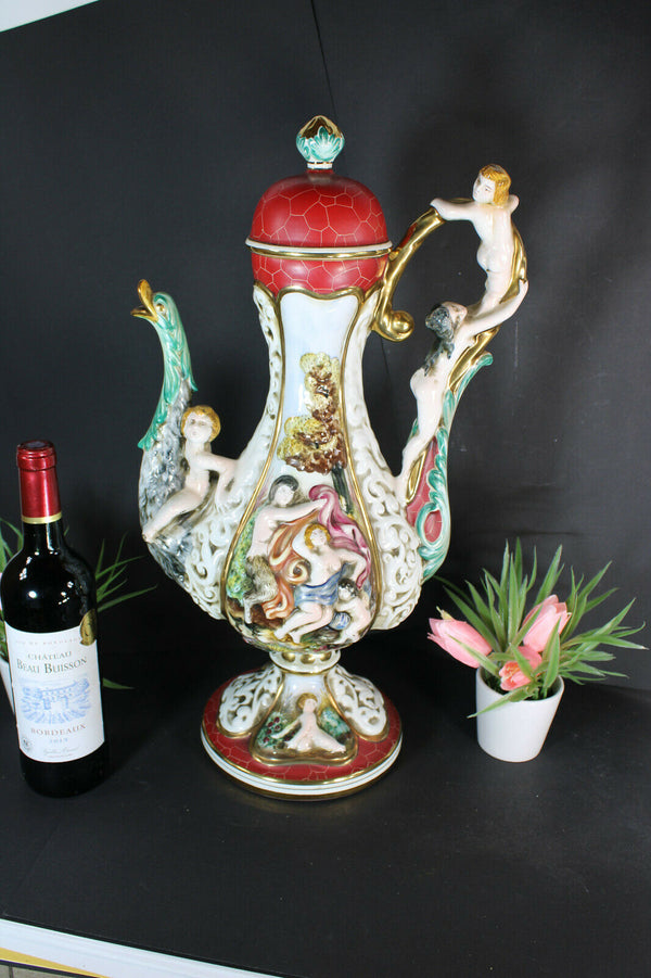 XL capodimonte porcelain marked pitcher vase swan putti cherub relief decor