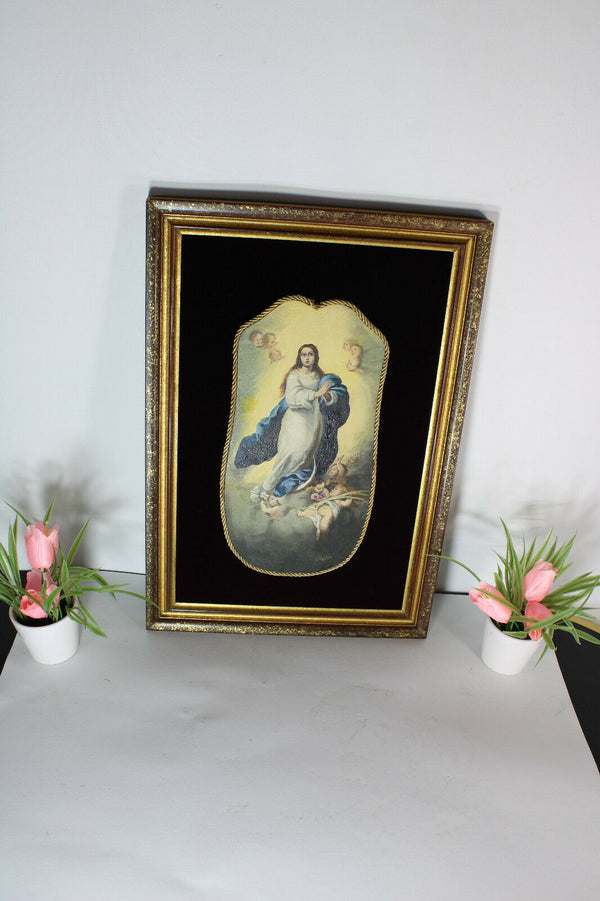 rare Antique oil cardboard madonna putti angels painting medaillon framed