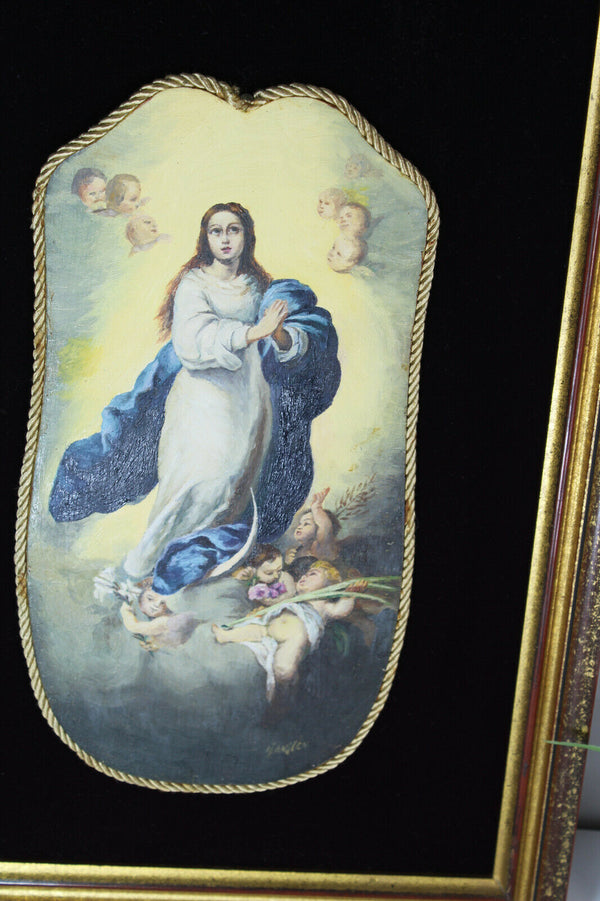 rare Antique oil cardboard madonna putti angels painting medaillon framed