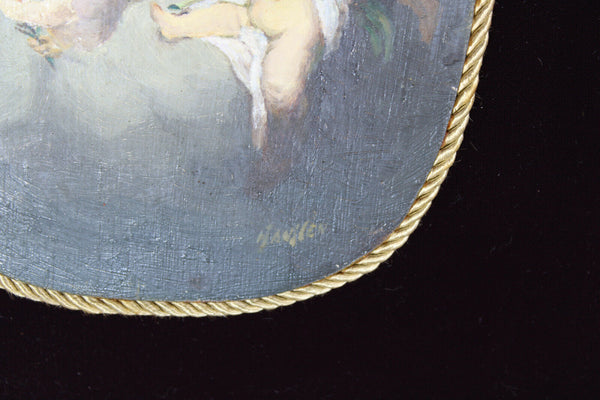 rare Antique oil cardboard madonna putti angels painting medaillon framed