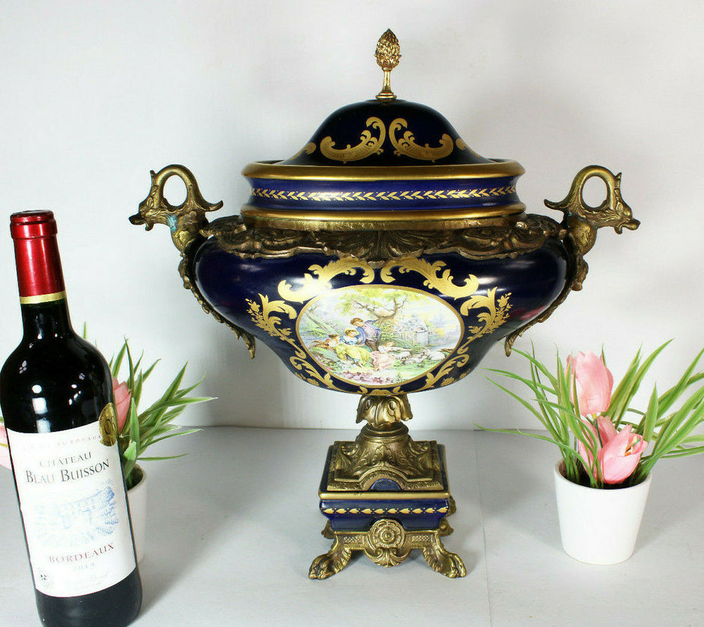XL Limoges porcelain cobalt dragon bronze handles centerpiece lidded bowl