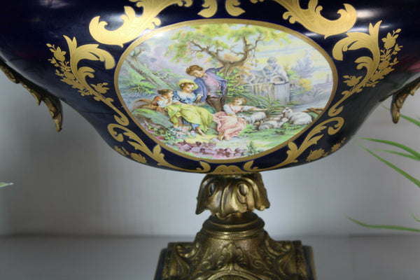 XL Limoges porcelain cobalt dragon bronze handles centerpiece lidded bowl