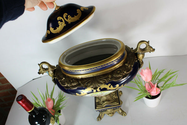 XL Limoges porcelain cobalt dragon bronze handles centerpiece lidded bowl