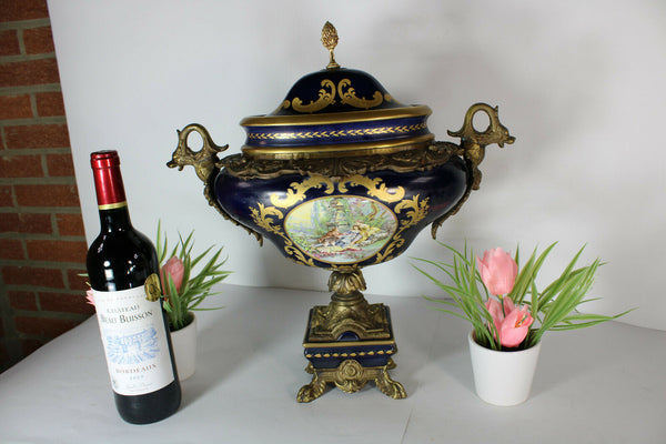 XL Limoges porcelain cobalt dragon bronze handles centerpiece lidded bowl