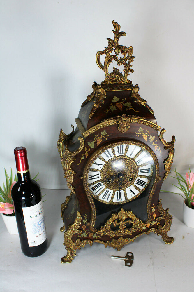 XL Vintage boulle mantel clock floral decor wood brass