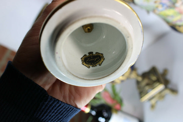 PAIR XL Limoges porcelain cobalt dragon bronze handles vases victorian scene