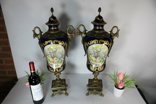 PAIR XL Limoges porcelain cobalt dragon bronze handles vases victorian scene