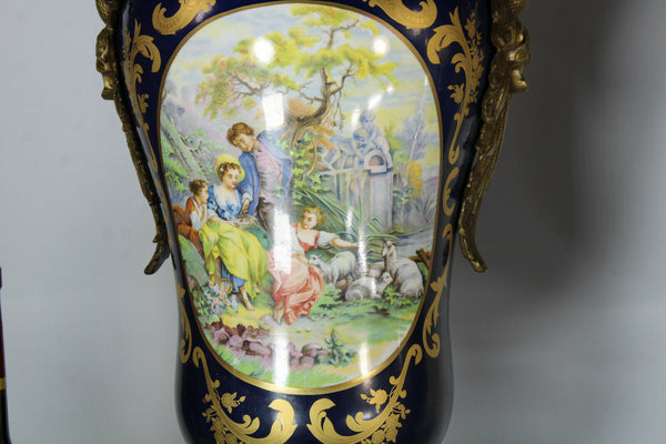 PAIR XL Limoges porcelain cobalt dragon bronze handles vases victorian scene
