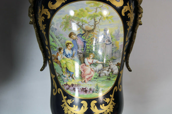 PAIR XL Limoges porcelain cobalt dragon bronze handles vases victorian scene