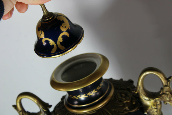 PAIR XL Limoges porcelain cobalt dragon bronze handles vases victorian scene