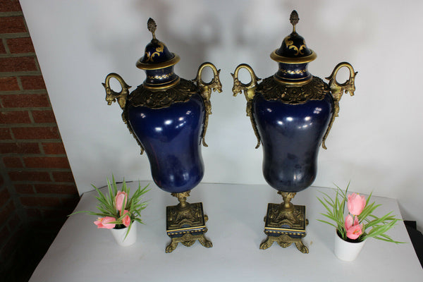 PAIR XL Limoges porcelain cobalt dragon bronze handles vases victorian scene