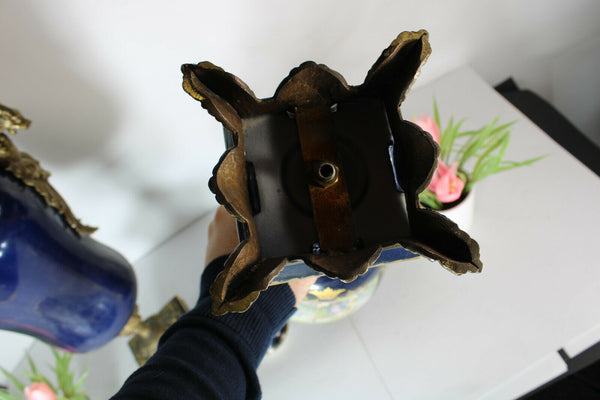 PAIR XL Limoges porcelain cobalt dragon bronze handles vases victorian scene