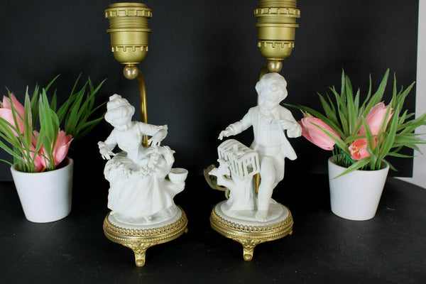 pair german unterweissbach bisque porcelain table lamps boy girl figurine