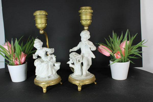 pair german unterweissbach bisque porcelain table lamps boy girl figurine