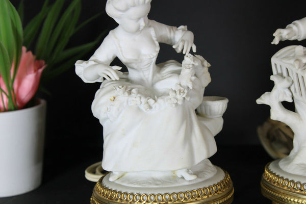 pair german unterweissbach bisque porcelain table lamps boy girl figurine