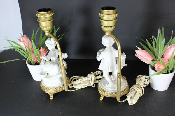 pair german unterweissbach bisque porcelain table lamps boy girl figurine