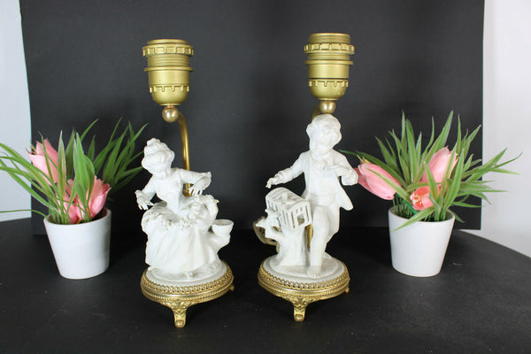 pair german unterweissbach bisque porcelain table lamps boy girl figurine