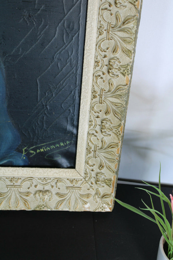 Antique South european madonna painting oil canvas signed