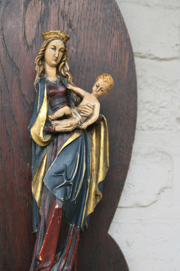 Vintage german wood carved polychrome madonna figurine on wall console