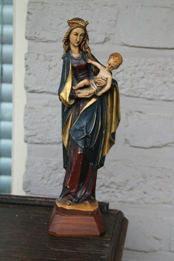 Vintage german wood carved polychrome madonna figurine on wall console
