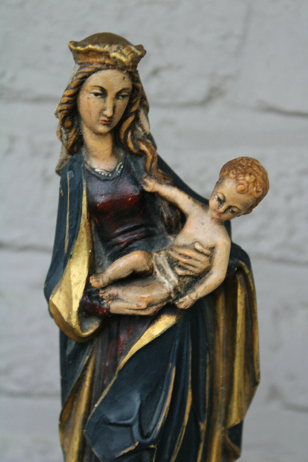 Vintage german wood carved polychrome madonna figurine on wall console