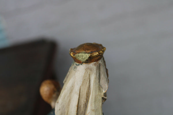 Vintage german wood carved polychrome madonna figurine on wall console