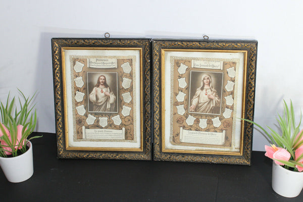 pair antique french litho sacred heart jesus mary portrait Wall panel