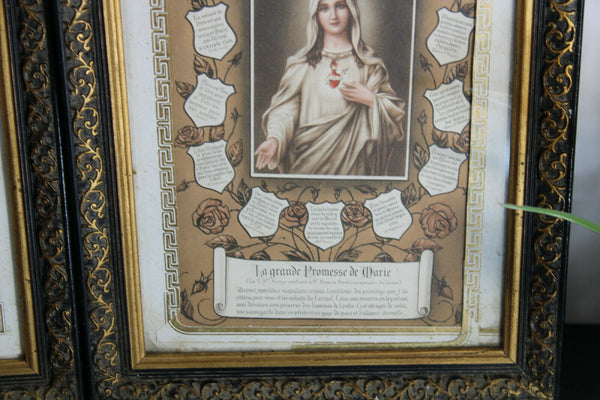 pair antique french litho sacred heart jesus mary portrait Wall panel