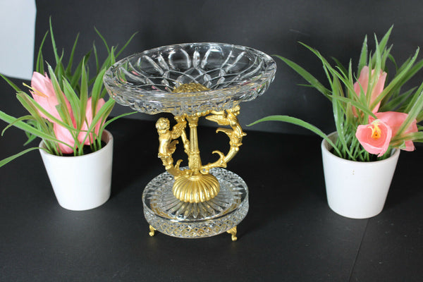 French crystal glass centerpiece bowl brass cherub putti figurial empire design