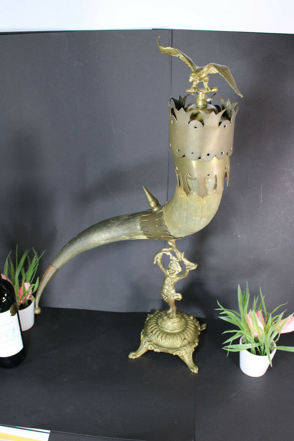 Antique French XL Cornucopia horn bronze putti figurine statue eagle