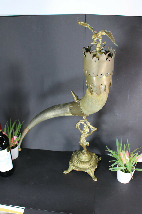 Antique French XL Cornucopia horn bronze putti figurine statue eagle