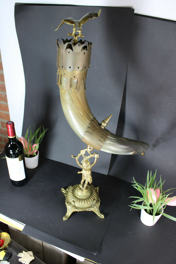 Antique French XL Cornucopia horn bronze putti figurine statue eagle