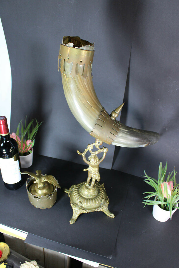 Antique French XL Cornucopia horn bronze putti figurine statue eagle