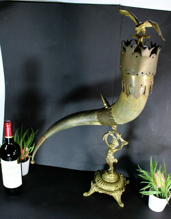 Antique French XL Cornucopia horn bronze putti figurine statue eagle