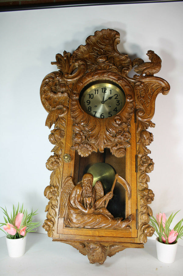 RAre XL Black forest wood carved father time owl rooster junghans wall clock