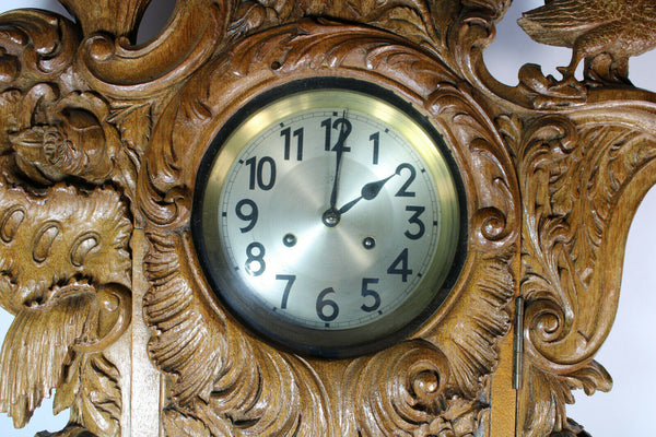 RAre XL Black forest wood carved father time owl rooster junghans wall clock