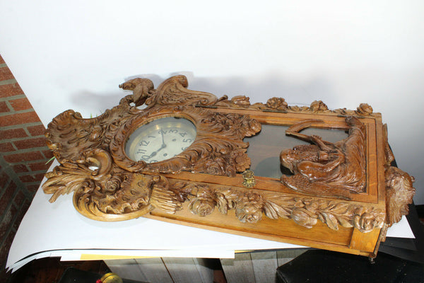 RAre XL Black forest wood carved father time owl rooster junghans wall clock