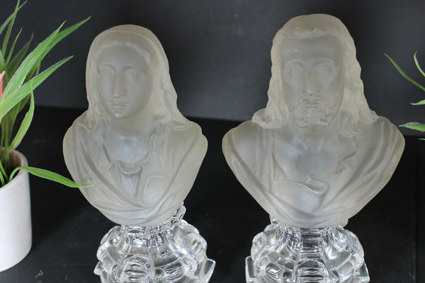 PAIR Rare crystal glass Bust virign mary christ Statue religious