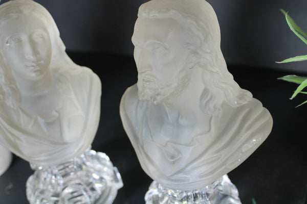 PAIR Rare crystal glass Bust virign mary christ Statue religious