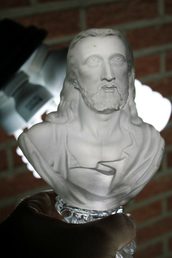 PAIR Rare crystal glass Bust virign mary christ Statue religious