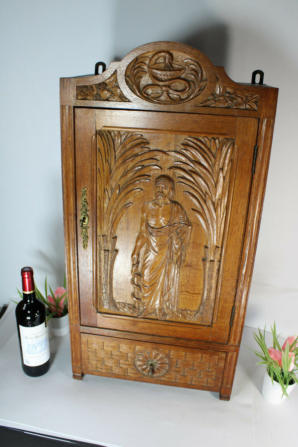 RAre antique French Asclepius god medicine wall cabinet pharmacy wood carved